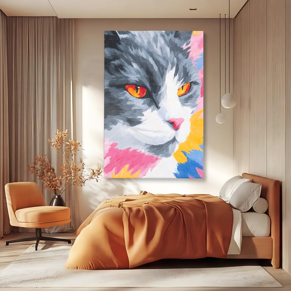 Tablou canvas cu tablou canvas cu portret de pisica, fara rama, pe sasiu de lemn, pe perete intr-un dormitor
